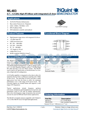 ML483-PCB datasheet - 0.7-10GHz HIgh IP3 Mixer with Integrated LO AMP