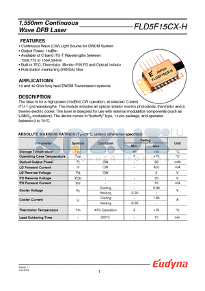 FLD5F15CX-H9400 datasheet - 1,550nm Continuous Wave DFB Laser