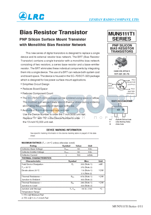 MUN5116T1 datasheet - Bias Resistor Transistor