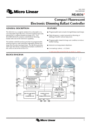 ML4836CP datasheet - Compact Fluorescent Electronic Dimming Ballast Controller