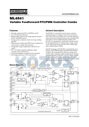 ML4841 datasheet - Variable Feedforward PFC/PWM Controller Combo