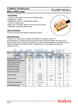 FLD5F15CX-L8640 datasheet - 1,550nm Continuous Wave DFB Laser