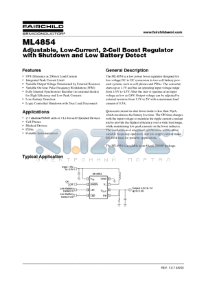 ML4854 datasheet - Adjustable, Low-Current, 2-Cell Boost Regulator with Shutdown and Low Battery Detect