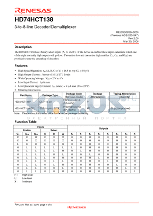 HD74HCT138FPEL datasheet - 3-to-8-line Decoder/Demultiplexer