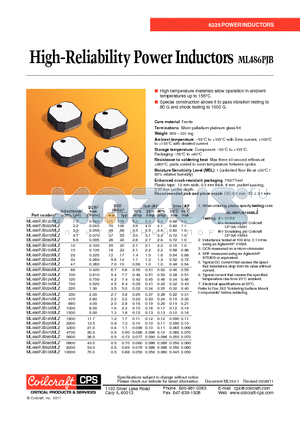 ML486PJB122MLZ datasheet - High-Reliability Power Inductors