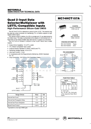 MC74HCT157A datasheet - Quad 2-Input Data Selector/Multiplexer with LSTTL-Compatible Inputs