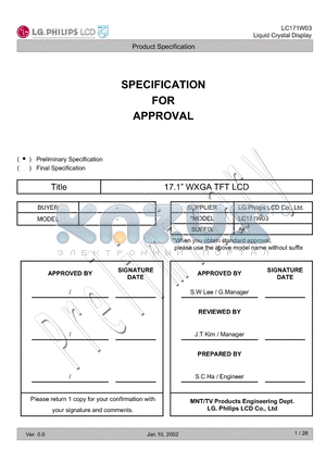 LC171W03-A4 datasheet - SPECIFICATION FOR APPROVAL