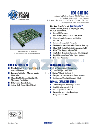 GPLC3V390MTRT003 datasheet - LEO Series Industrys Highest Current DC/DC Converter. 48V or 24V Input, 250W, 120A Output, 3.3V 90A, 2.5V 100A, 1.8V 120A, 1.5V 120A, 1.2V 120A stan