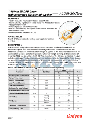 FLD5F20CE-E9335 datasheet - 1,550nm MI DFB Laser with Integrated Wavelength Locker