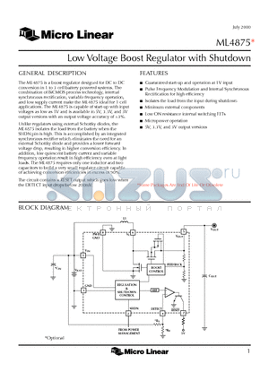 ML4875CS-5 datasheet - Low Voltage Boost Regulator with Shutdown