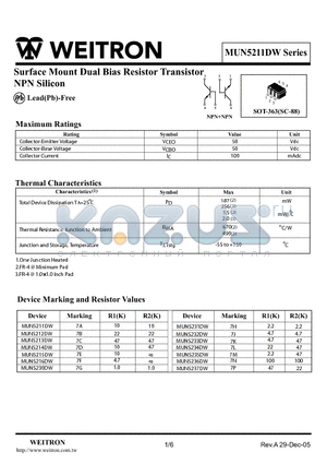 MUN5211DW datasheet - Surface Mount Dual Bias Resistor Transistor NPN Silicon