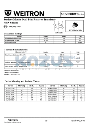 MUN5211DW datasheet - Surface Mount Dual Bias Resistor Transistor