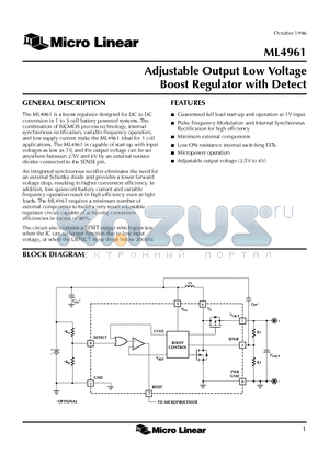 ML4961 datasheet - Adjustable Output Low Voltage Boost Regulator with Detect