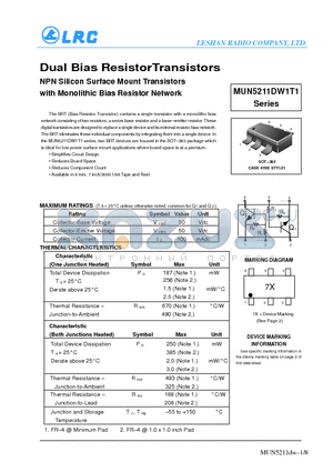 MUN5212DW1T1 datasheet - Dual Bias Resistor Transistors