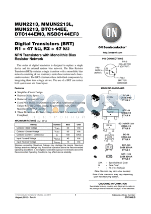 MUN5213T1G datasheet - Digital Transistors (BRT) R1 = 47 k, R2 = 47 k