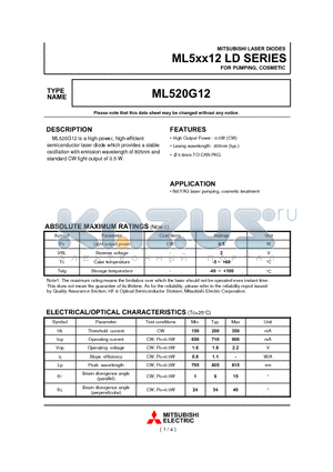 ML520G12 datasheet - LASER DIODES FOR PUMPING, COSMETIC