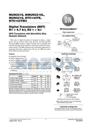 MUN5216 datasheet - Digital Transistors (BRT) R1 = 4.7 k, R2 =  k