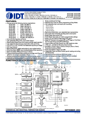 IDT72T18105L4-4BBI datasheet - 2.5 VOLT HIGH-SPEED TeraSync FIFO 18-BIT/9-BIT CONFIGURATIONS