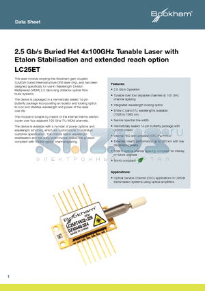 LC25ETEAJ28 datasheet - 2.5 Gb/s Buried Het 4x100GHz Tunable Laser with Etalon Stabilisation and extended reach option