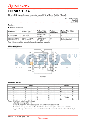 HD74LS107A datasheet - Dual J-K Negative-edge-triggered Flip-Flops (with Clear)