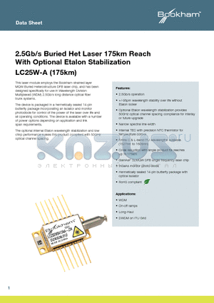 LC25EW4532AAJ59 datasheet - 2.5Gb/s Buried Het Laser 175km Reach With Optional Etalon Stabilization