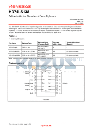 HD74LS138RPEL datasheet - 3-Line-to-8-Line Decoders / Demultiplexers