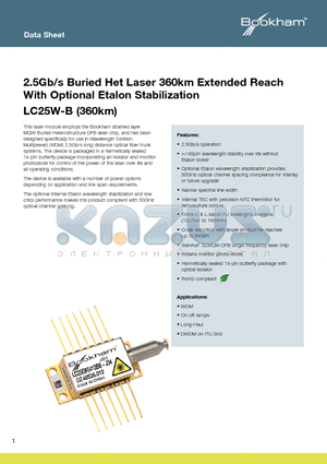 LC25EW4532CBJ28 datasheet - 2.5Gb/s Buried Het Laser 360km Extended Reach With Optional Etalon Stabilization