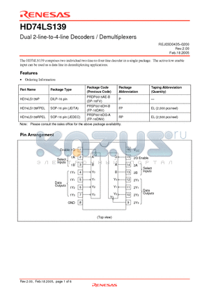 HD74LS139P datasheet - Dual 2-line-to-4-line Decoders / Demultiplexers