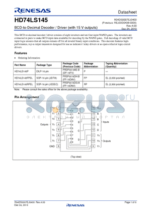 HD74LS145RPEL datasheet - BCD-to-Decimal Decoder / Driver (with 15 V outputs)