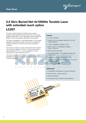 LC25TAAJ28 datasheet - 2.5 Gb/s Buried Het 4x100GHz Tunable Laser with extended reach option