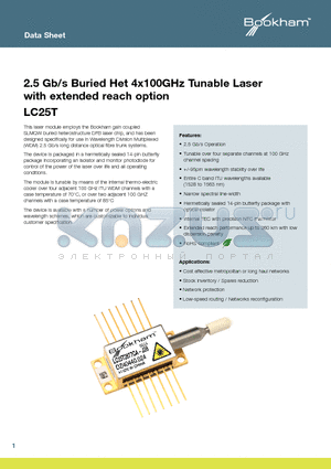 LC25TABJ28 datasheet - 2.5 Gb/s Buried Het 4x100GHz Tunable Laser with extended reach option