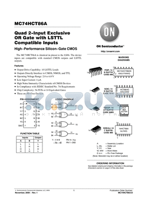 MC74HCT86ADR2G datasheet - Quad 2-Input Exclusive OR Gate with LSTTL Compatible Inputs