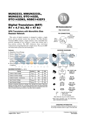 MUN5233T1G datasheet - Digital Transistors (BRT) R1 = 4.7 k, R2 = 47 k