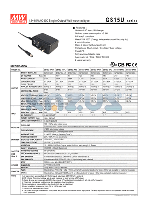 GPSU15U-2 datasheet - 12~15WAC-DC Single Output Wall-mounted type