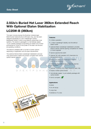 LC25W4532BBJ28 datasheet - 2.5Gb/s Buried Het Laser 360km Extended Reach With Optional Etalon Stabilization