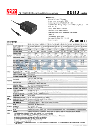 GPSU15U-5 datasheet - 7.2~15WAC-DC Single Output Wall-mounted type