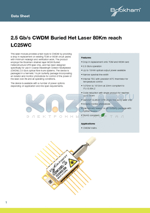 LC25WC153AGJ28 datasheet - 2.5 Gb/s CWDM Buried Het Laser 80Km reach