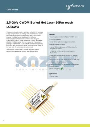 LC25WC153AGJ34 datasheet - 2.5 Gb/s CWDM Buried Het Laser 80Km reach