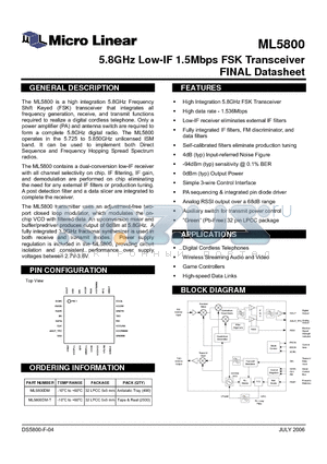 ML5800DM-T datasheet - 5.8GHz Low-IF 1.5Mbps FSK Transceiver