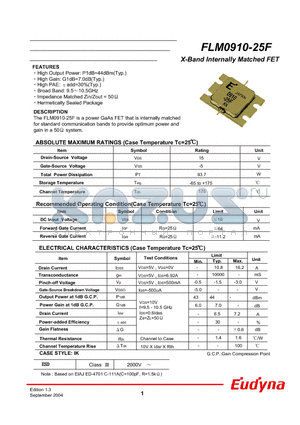 FLM0910-25F datasheet - X-Band Internally Matched FET