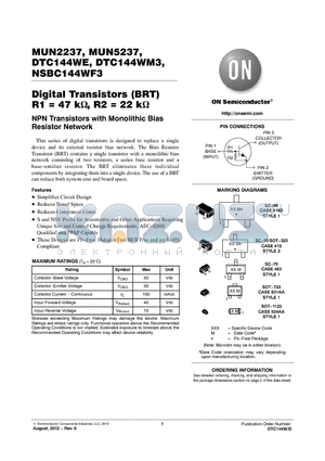 MUN5237T1G datasheet - Digital Transistors (BRT) R1 = 47 k, R2 = 22 k