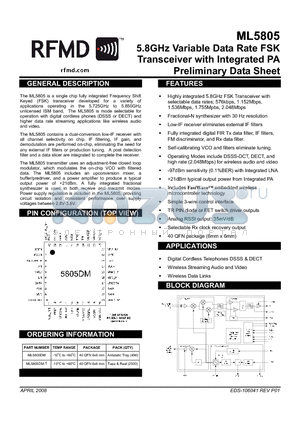 ML5805DM-T datasheet - 5.8GHz Variable Data Rate FSK Transceiver with Integrated PA