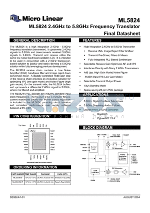 ML5824 datasheet - ML5824 2.4GHz to 5.8GHz Frequency Translator