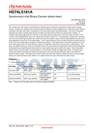 HD74LS161ARPEL datasheet - Synchronous 4-bit Binary Counter (direct clear)