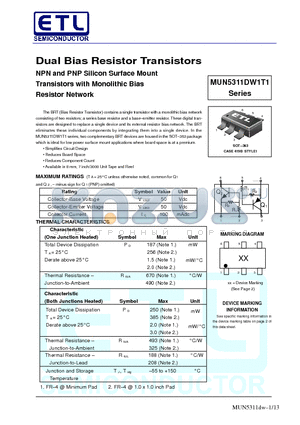 MUN5314DW1T1 datasheet - Dual Bias Resistor Transistors