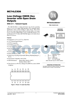 MC74LCX06DTG datasheet - Low-Voltage CMOS Hex Inverter with Open Drain Outputs