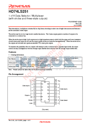 HD74LS251P datasheet - 1 of 8 Data Selector / Multiplexer (with strobe and three-state outputs)