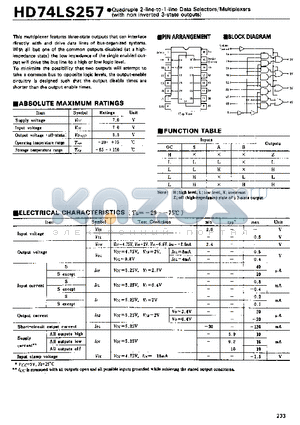 HD74LS257 datasheet - Quadruple 2-line-to-1-line Data Selectors/Multiplexers(with non inverted 3-state outputs)
