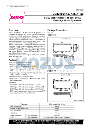 LC321664AJ datasheet - 1 MEG (65536 words X 16 bits) DRAM Fast Page Mode, Byte Write