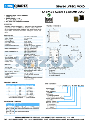 GPW64 datasheet - 11.4 x 9.6 x 4.7mm 6 pad SMD VCXO
